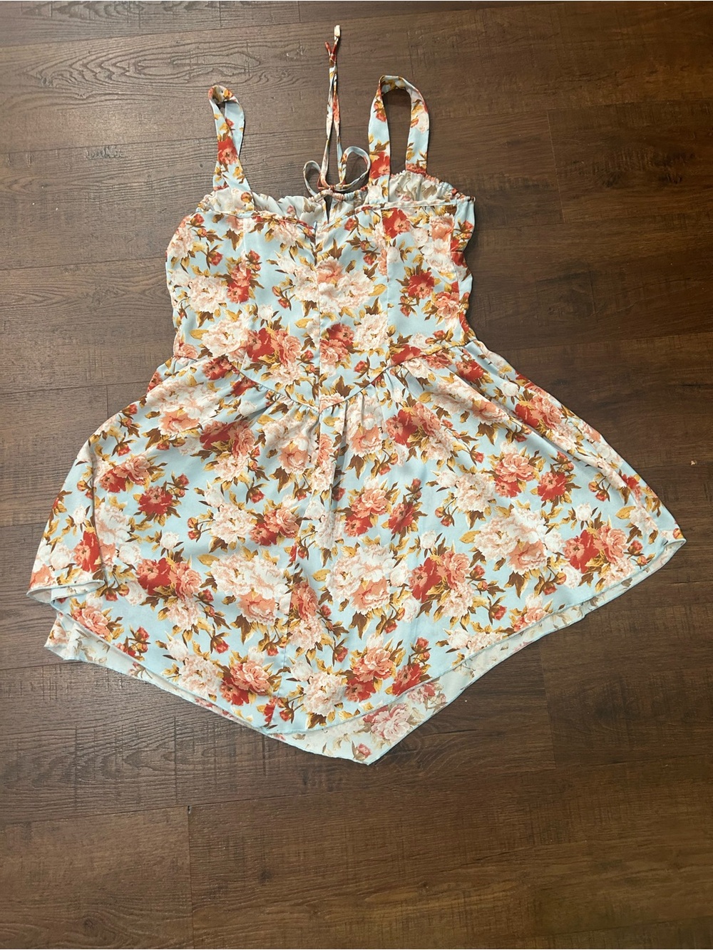 Cider Light Blue Floral Sundress with Coral & Cream Blooms